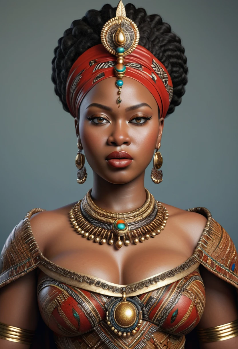 a highly detailed, realistic representation of Queen Nzinga, thick figure, curvy, voluptuous, attractive, gorgeous, beautiful, queen, African warrior attire, adorned with tribal jewelry and a striking expression, skin pores, skin texture,