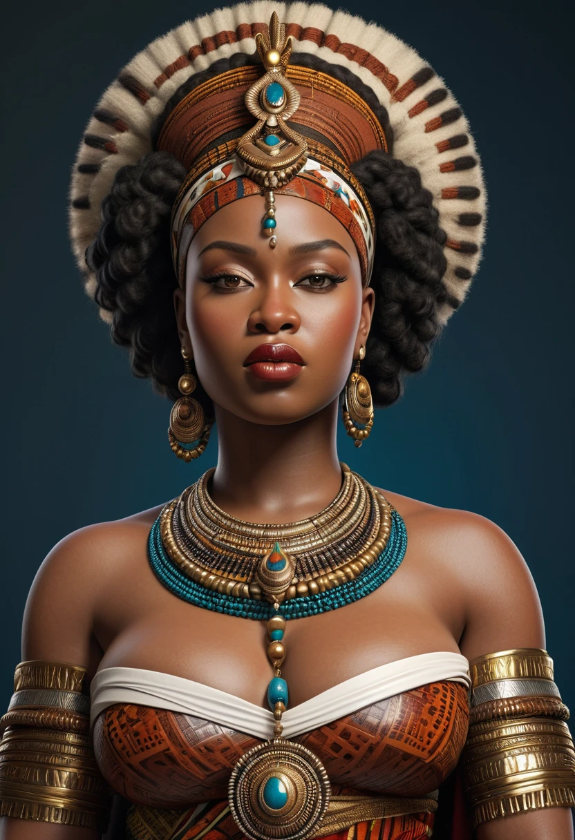 a highly detailed, realistic representation of Queen Nzinga, thick figure, curvy, voluptuous, attractive, gorgeous, beautiful, queen, African warrior attire, adorned with tribal jewelry and a striking expression, skin pores, skin texture,
