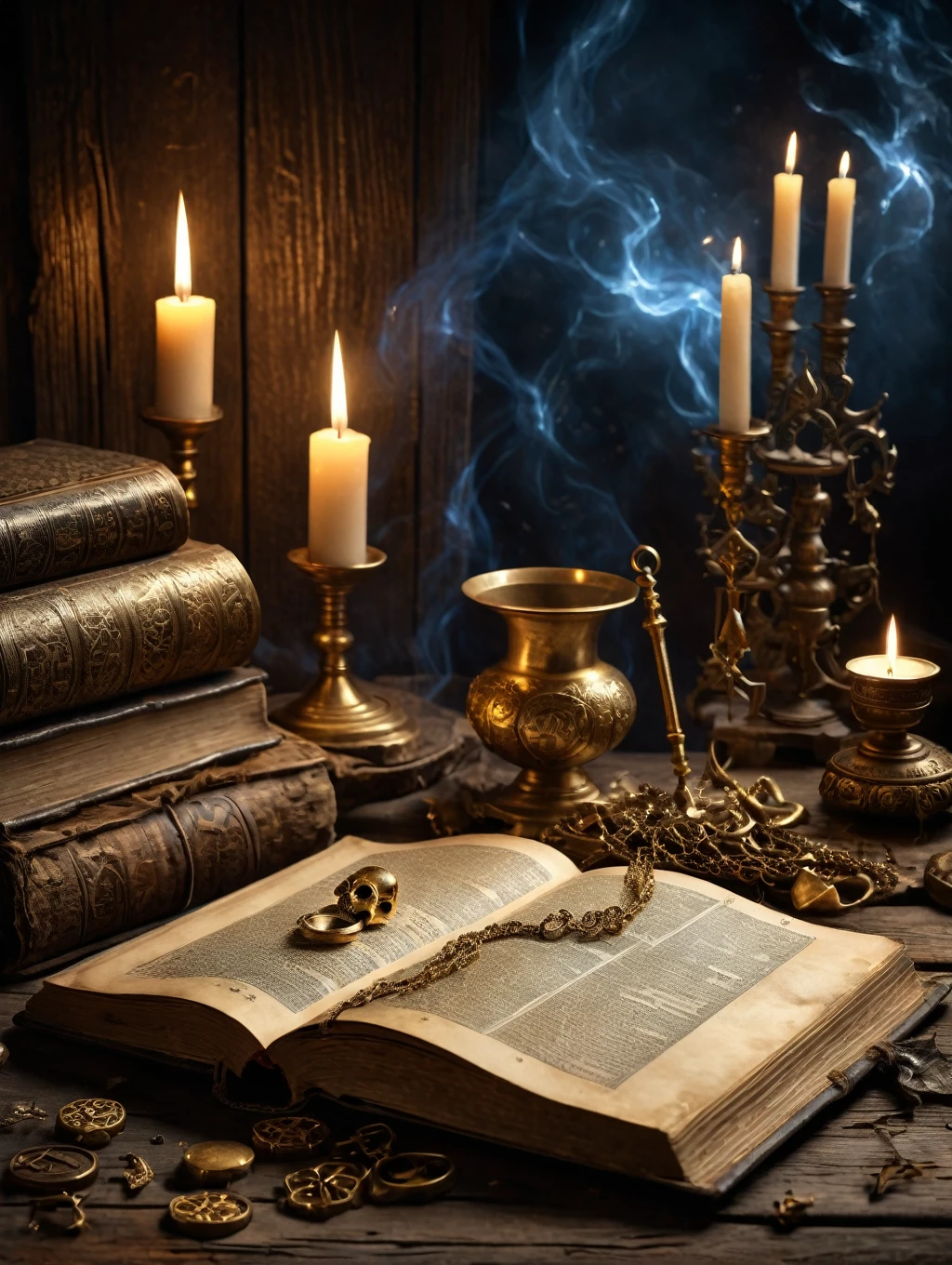 Horror theme Measurements: Image in 1920x1080 pixels (16:9 ratio).
colors: Gold and sepia tones, with a touch of mystical blue.
scenery: An open old book on an aged wooden table, with golden alchemical symbols floating around. Soft, illuminated light focused on the book, with a dark and blurred background.