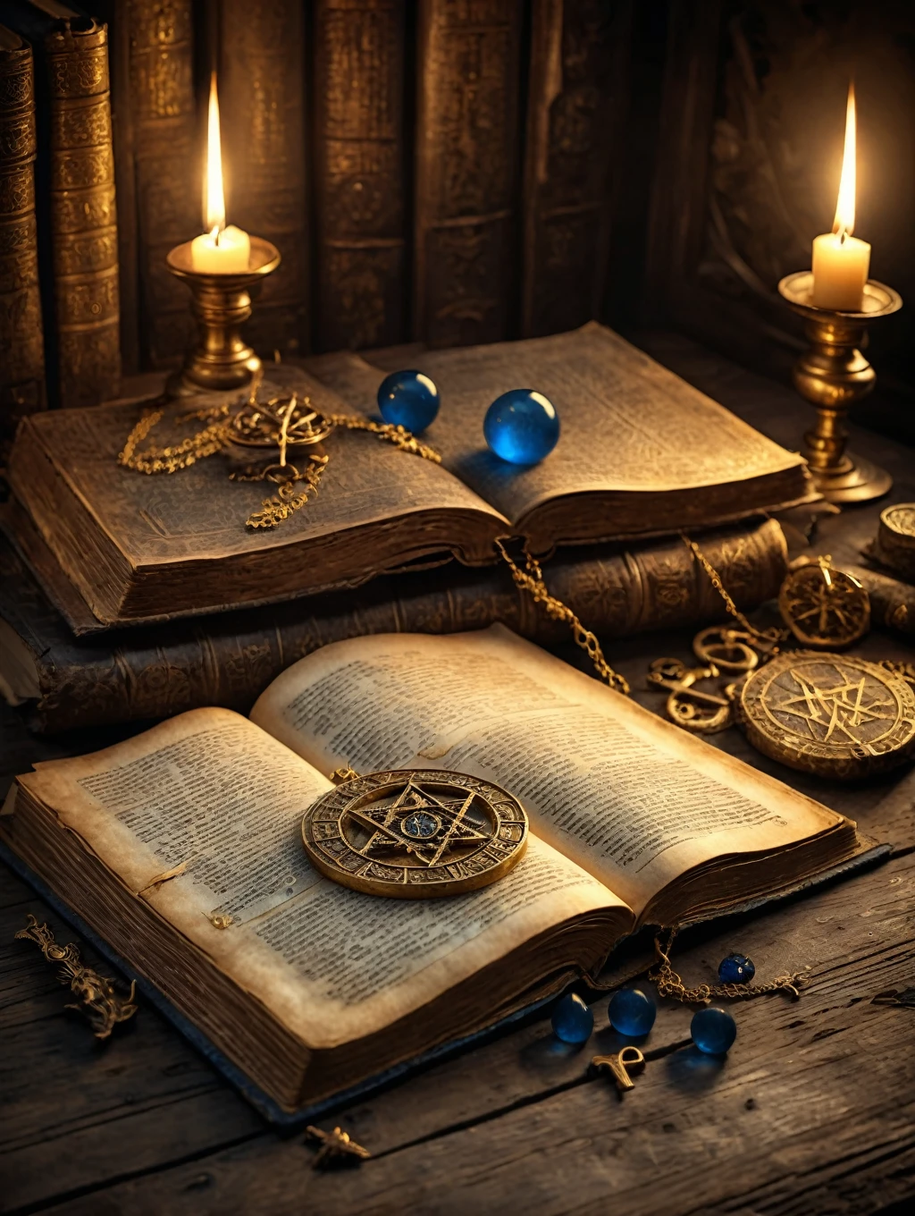Horror theme Measurements: Image in 1920x1080 pixels (16:9 ratio).
colors: Gold and sepia tones, with a touch of mystical blue.
scenery: An open old book on an aged wooden table, with golden alchemical symbols floating around. Soft, illuminated light focused on the book, with a dark and blurred background.