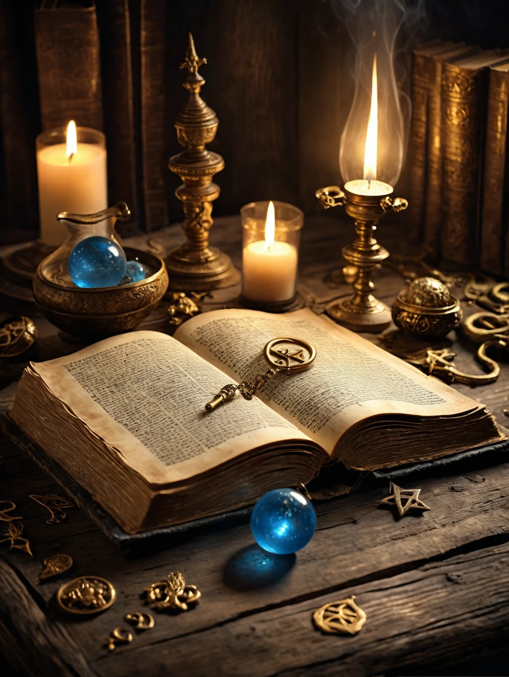 Horror theme Measurements: Image in 1920x1080 pixels (16:9 ratio).
colors: Gold and sepia tones, with a touch of mystical blue.
scenery: An open old book on an aged wooden table, with golden alchemical symbols floating around. Soft, illuminated light focused on the book, with a dark and blurred background.