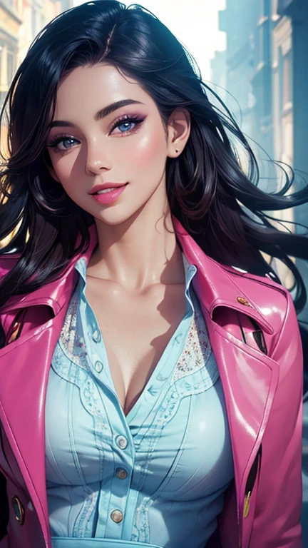 (best quality,ultra-detailed,photo-realistic:1.37),bright and vibrant colors,studio lighting,playful expression,stylish makeup,Trench Coat,hair flowing in the wind,alluring eyes,glossy lips,sexy pose, smiling in a confident and seductive way,posing for a professional photoshoot,shallow depth of field,highlighting the main subject,soft natural lighting,creating a dreamy and magical atmosphere.