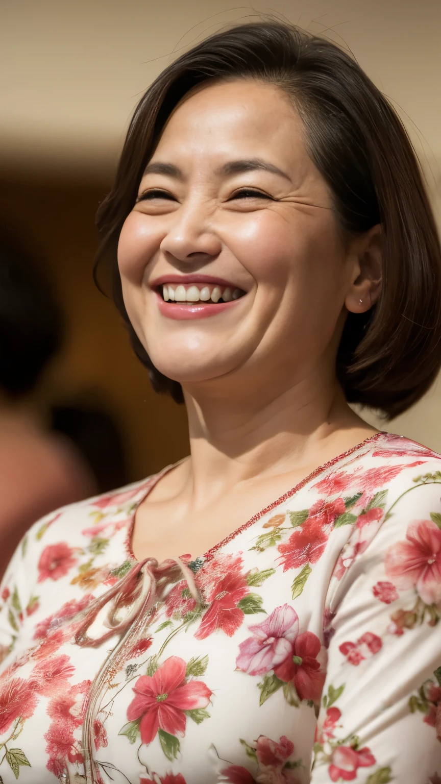 8k wallpaper, masterpiece, Highest quality, Super detailed, One Mature Woman, 50 years old, Become very clear, Wearing a short-sleeved blouse, Skin dents, Captivating smile, Looking at the audience, , plump, Curvaceous, Fascinating face, Smiling with teeth showing, Wrinkles around the eyes, Sit at a coffee shop, Background Blur