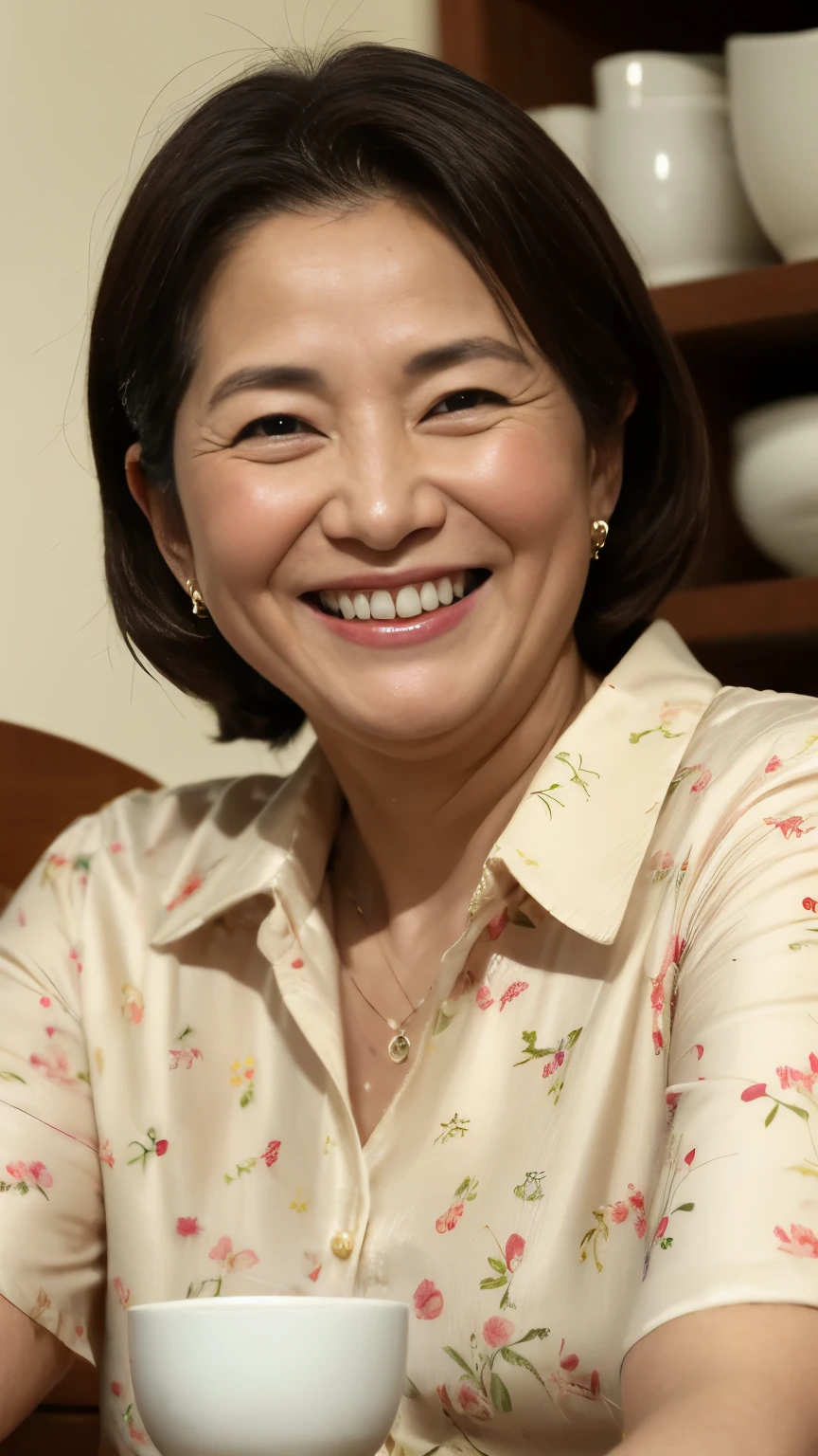 8k wallpaper, masterpiece, Highest quality, Super detailed, One Mature Woman, 50 years old, Become very clear, Wearing a short-sleeved blouse, Skin dents, Captivating smile, Looking at the audience, , plump, Curvaceous, Fascinating face, Smiling with teeth showing, Wrinkles around the eyes, Sit at a coffee shop, Background Blur