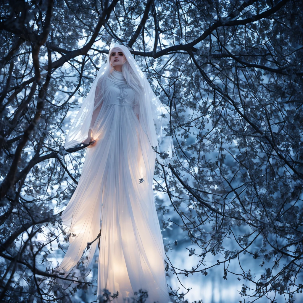 classic ghost, white translucent female, entangled in tree branches, twilight