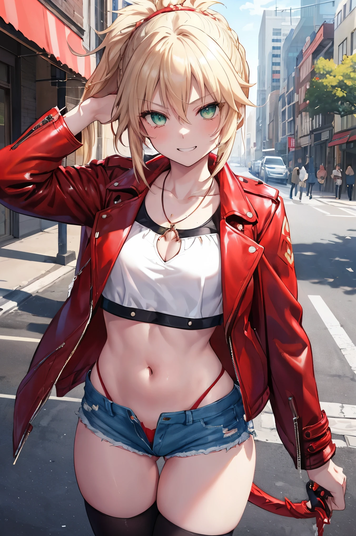 Masterpiece, Best Quality, illustration, city street, 1girl, Mordred \(fate\), cowboy shot, collarbone, Detailed blond hair ponytail braid, green eyes, Red leather jacket, White short blouse, denim shorts,navel,thigh-high,grin, covered_pussy,skiny,long_sword,