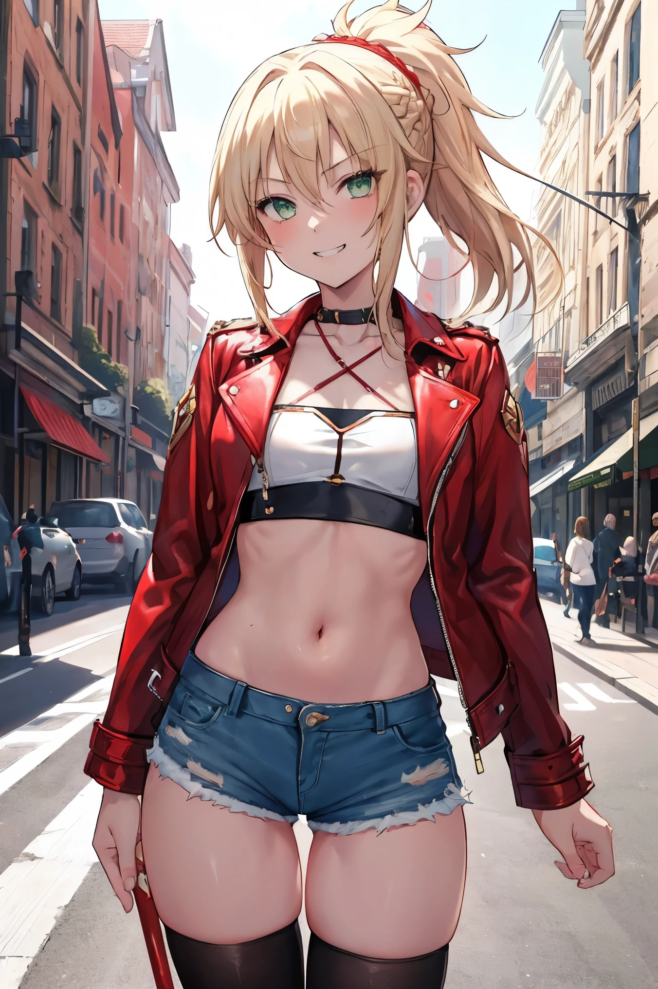 Masterpiece, Best Quality, illustration, city street, 1girl, Mordred \(fate\), cowboy shot, collarbone, Detailed blond hair ponytail braid, green eyes, Red leather jacket, White short blouse, denim shorts,navel,thigh-high,grin, covered_pussy,skiny,long_sword,