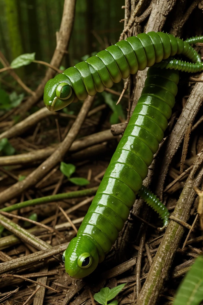 a little green worm with bulging eyes that travels through the forest for a story  