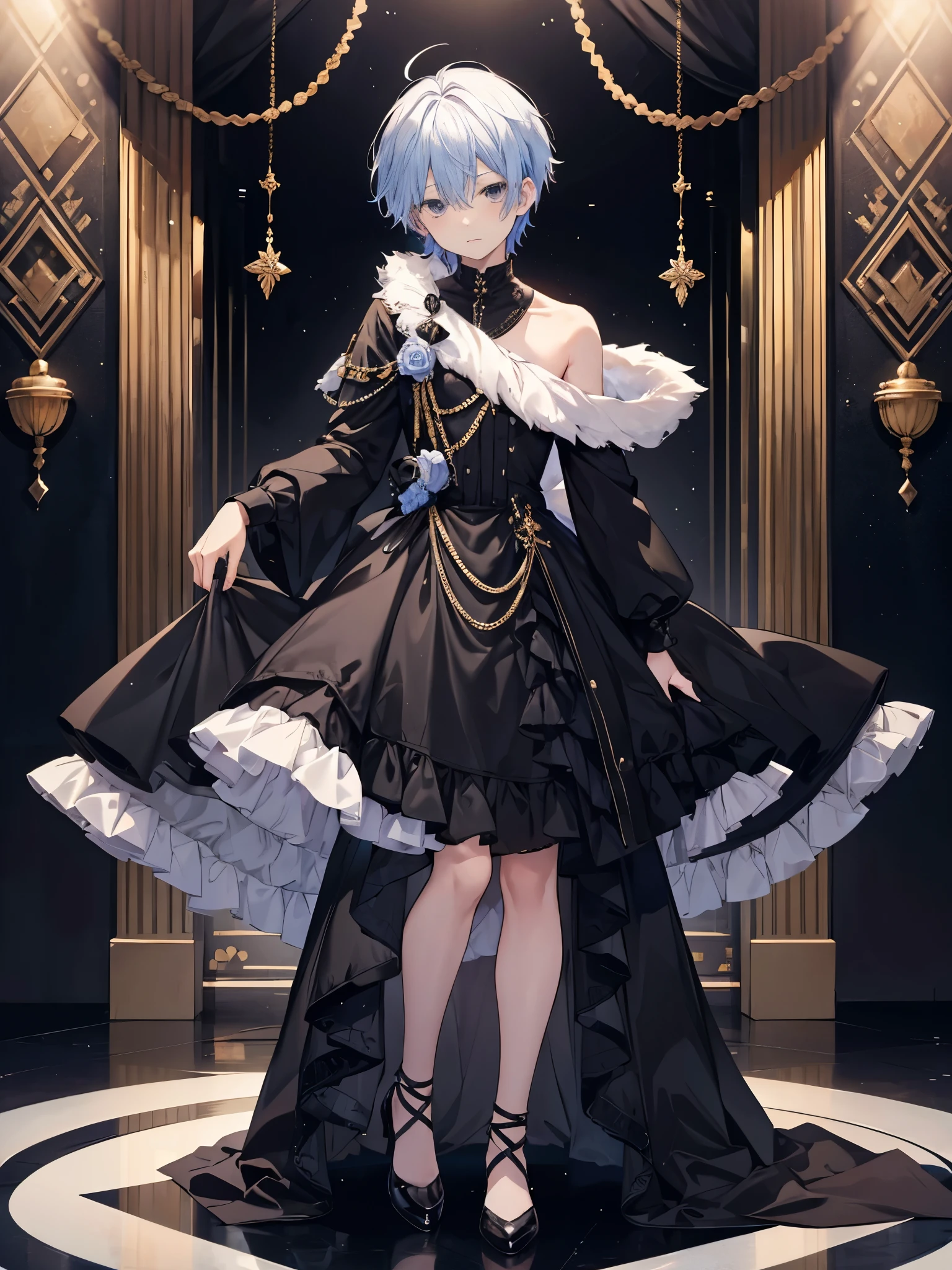 1 boy, Full body shot, ((random color hair)), Beautiful boy, ((black Eyes)), idol costume, dress