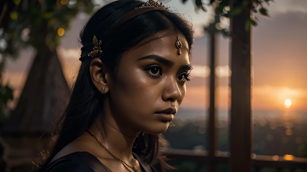 "Princess Dyah Pitaloka taking her own life with a dagger, her face resolute and sorrowful, in a somber and poignant moment with dark shadows and a fading sunset." Characters: Dyah Pitaloka. Angle: Close-up. Lighting: Low light, sunset hues. --ar 16:9 --style raw