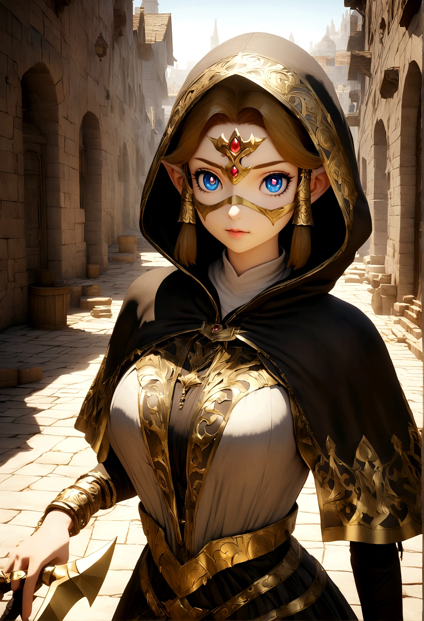 A full-body shot of Princess Zelda, brown hair, blue eyes, dressed as an Assassin from Assassins Creed, in white+gold witha white mask and hood with gold details, XL bust, using a wrist blade. Background: A city during the renaissance period. Unreal Engine 5, Anime, Anime style, Masterpiece, Well drawn eyes, well drawn face, well detailed eyes, well detailed face, 8k, light and shadow effect.  