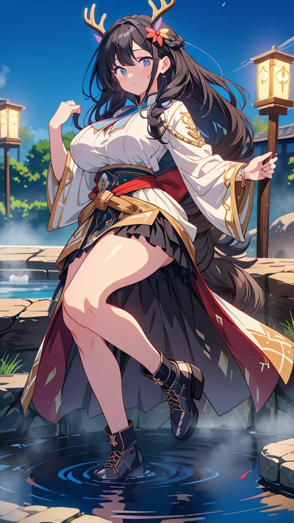 (masterpiece, best quality:1.2), highres, high resolution, solo, 1girl, isabela from encanto, isabela, black hair, side locks, long hair, purple eyes, smile, looking at viewer, seiza, flower hair ornament, Japanese clothes, jewelry, earrings, large breast, large boobs, large chest, light smile, teeth, bare shoulders, portrait shot, upper body shot, BREAK outdoors, sitting, hot spring, legs in water, hot water, fog, water fog, water vapour, crystal clear water, clear water, transparent water, legs crossed, legs, thighs, stones blur background, sitting, up shot, shot from above, above angle, beautiful face, perfect fingers, perfect anatomy. PORTRAIT SHOT, masterpiece, high quality.