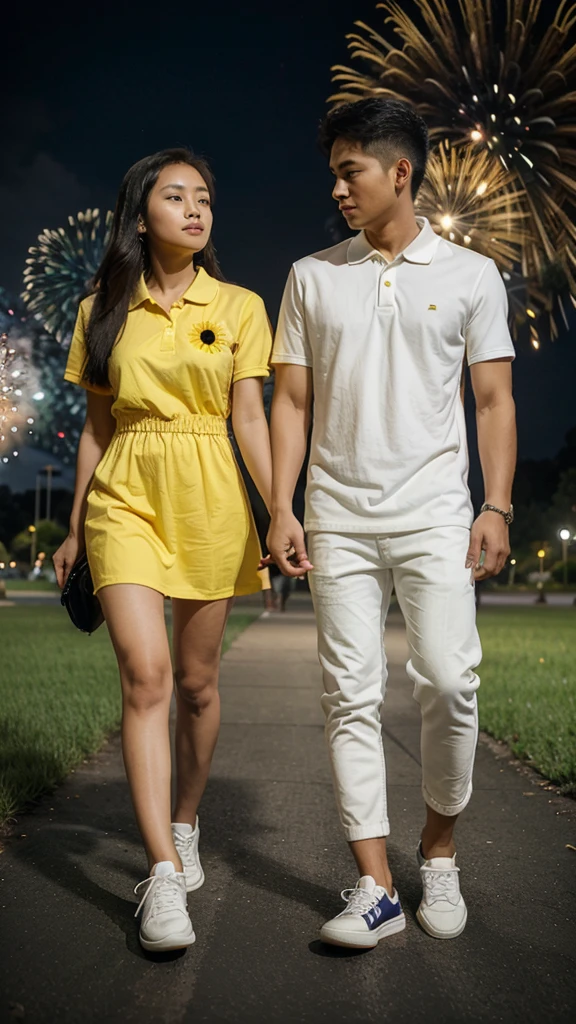 A 25 year old filipina couple wearing a yellow sunflower dress and white sneakers and the boy wearing a black polo shirt and white jeans and sneakers.the background is nigth and koraen park and fireworks.