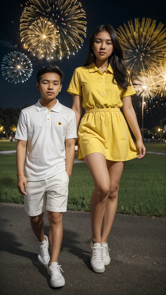 A 25 year old filipina couple wearing a yellow sunflower dress and white sneakers and the boy wearing a black polo shirt and white jeans and sneakers.the background is nigth and koraen park and fireworks.