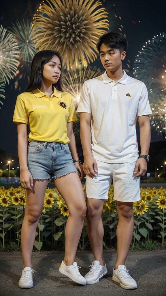 A 25 year old filipina couple wearing a yellow sunflower dress and white sneakers and the boy wearing a black polo shirt and white jeans and sneakers.the background is nigth and koraen park and fireworks.