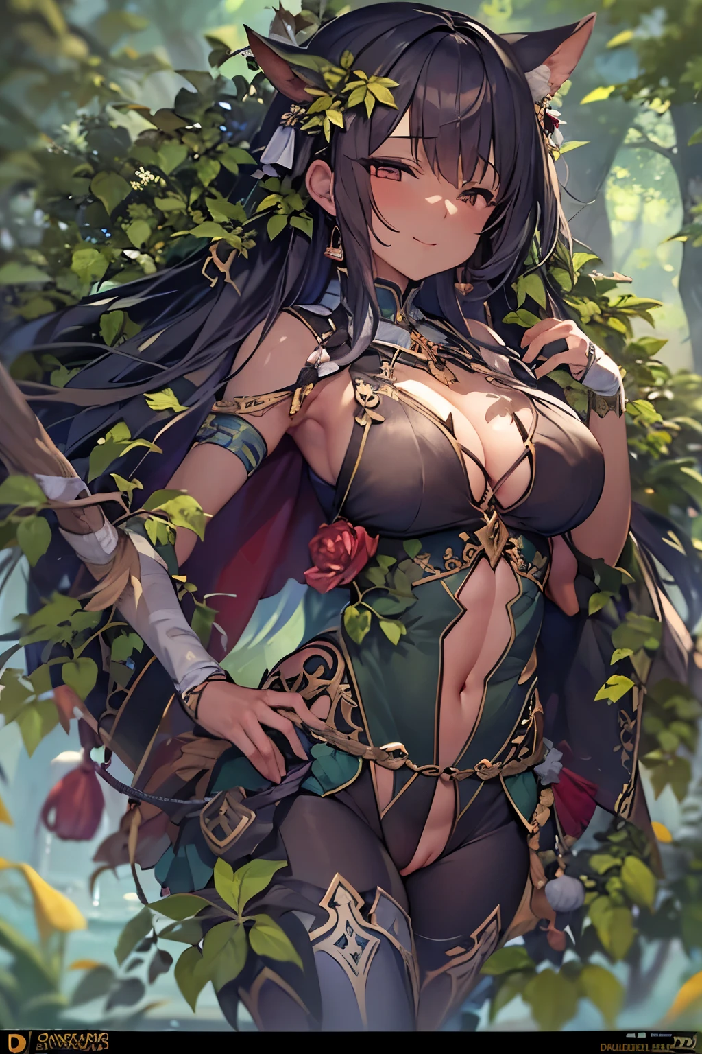 fantasy, 1forest_elemental_girl, (dark_skin:0.7), (using_leaves_clothes, green_leaves_covered_breasts, leaves_covered_pussy),large_breasts, walking, (smile, sleepy)+, medium_hair, navel, oil, (winding_vine_around_torso)++, forest_background, leaves_headgear, green_leaves_cape,armpits, spread_arms, large_staff, thighhighs, plump,