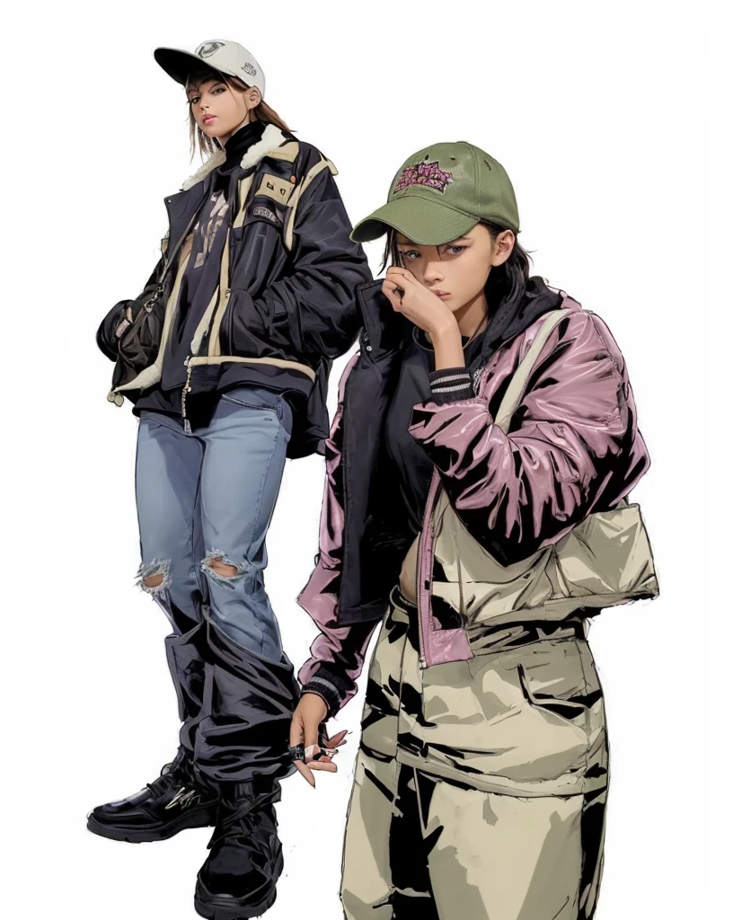 The character on the left stands casually with a relaxed posture, hands in pockets, exuding confidence and ease, The character's face is mostly neutral, with a hint of nonchalance, They wear a green baseball cap adorned with pink graphics and a small logo on the side, partially shadowing their eyes, The character is dressed in a layered outfit, A brown, shearling-lined jacket with a prominent collar, The jacket has a rugged texture, adding a sense of warmth and style, Beneath the jacket, they wear a blue hoodie, the hood peeking out over the jacket's collar, Light blue jeans with distressed detailing, including a large rip at the left knee, adding an edgy, worn-in look, Black, high-top sneakers with thick soles and detailed laces, A crossbody bag strap is visible across the chest, indicating a practical, on-the-go lifestyle, the character on the right posture's is more dynamic and expressive, They are shown with their right hand covering part of their face, pulling down the lower eyelid in a playful or mocking gesture, The expression here is more intense and mischievous, with eyes wide open, adding a layer of attitude and personality, The same green baseball cap is worn, but the brim is tilted lower, almost obscuring one eye, The outfit in this pose includes:
Jacket: A light pink bomber jacket, with a slightly shiny texture, indicating a material like satin or nylon, The jacket has ribbed cuffs and hem, typical of bomber styles, A black hoodie worn underneath, the hood is pulled over the jacket, creating a layered look, Light beige pants with a prominent heart-shaped embellishment near the right hip, adding a unique, playful touch, The character carries a small, light-colored shoulder bag, adding to the urban, functional aesthetic