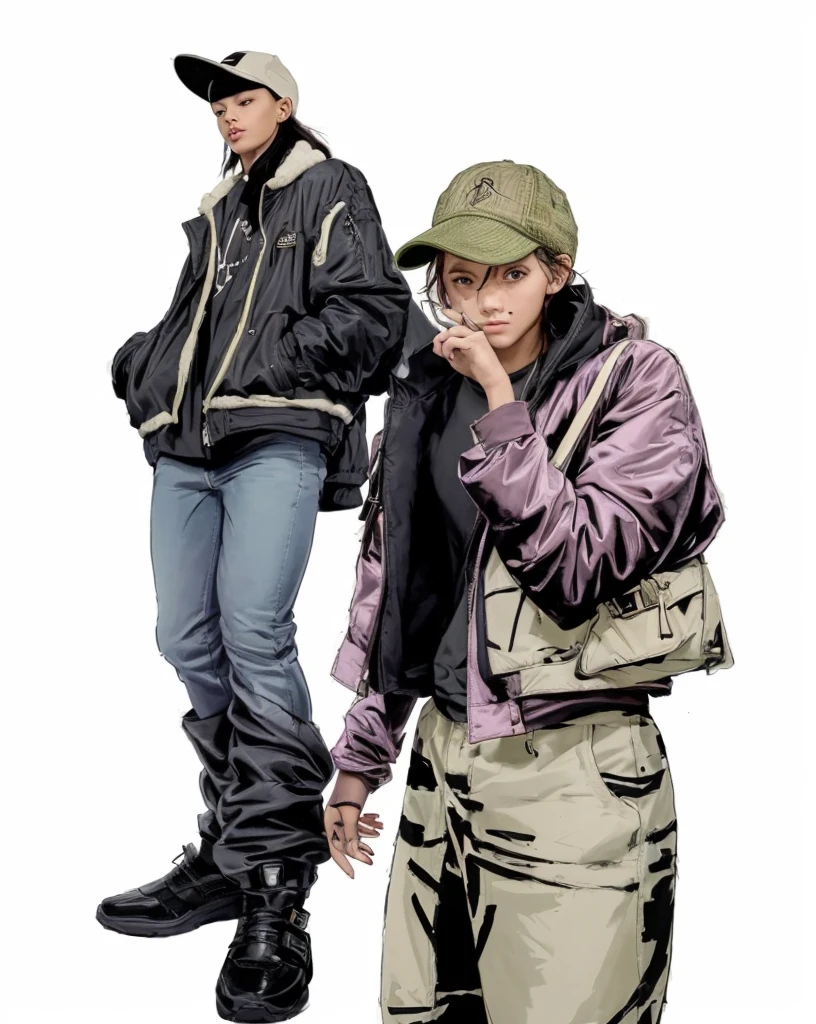 The character on the left stands casually with a relaxed posture, hands in pockets, exuding confidence and ease, The character's face is mostly neutral, with a hint of nonchalance, They wear a green baseball cap adorned with pink graphics and a small logo on the side, partially shadowing their eyes, The character is dressed in a layered outfit, A brown, shearling-lined jacket with a prominent collar, The jacket has a rugged texture, adding a sense of warmth and style, Beneath the jacket, they wear a blue hoodie, the hood peeking out over the jacket's collar, Light blue jeans with distressed detailing, including a large rip at the left knee, adding an edgy, worn-in look, Black, high-top sneakers with thick soles and detailed laces, A crossbody bag strap is visible across the chest, indicating a practical, on-the-go lifestyle, the character on the right posture's is more dynamic and expressive, They are shown with their right hand covering part of their face, pulling down the lower eyelid in a playful or mocking gesture, The expression here is more intense and mischievous, with eyes wide open, adding a layer of attitude and personality, The same green baseball cap is worn, but the brim is tilted lower, almost obscuring one eye, The outfit in this pose includes:
Jacket: A light pink bomber jacket, with a slightly shiny texture, indicating a material like satin or nylon, The jacket has ribbed cuffs and hem, typical of bomber styles, A black hoodie worn underneath, the hood is pulled over the jacket, creating a layered look, Light beige pants with a prominent heart-shaped embellishment near the right hip, adding a unique, playful touch, The character carries a small, light-colored shoulder bag, adding to the urban, functional aesthetic