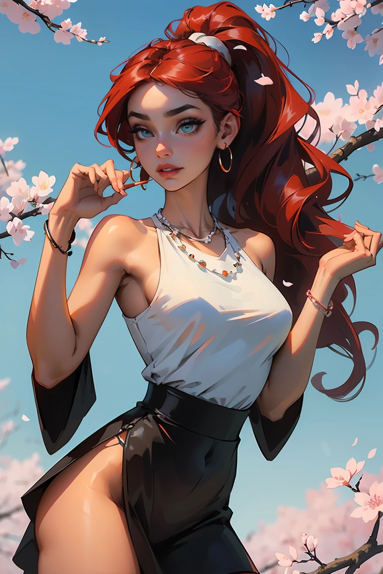 Goddess ((goddess-like woman)), slim, elegant silhouette, masterpiece, (close angle), best quality, cute face, (masterpiece:1,2, best quality), (real picture, intricate details), ( 1 lady, solo, medium tits, narrow waist, (long hair), a woman with long hair, red hair, long wavy red hair, high ponytail, turquoise eyes, she has an impressive presence., bracelet, hoop earrings, jewelry, beautiful face, beautiful eyes, she looks the Looking at viewer, she is wearing earrings, necklace, many different bracelets, wearing a white, tight mini lace dress, black ankle boots with high heels, sweet irresistible smile, elegant pose, elegant hands, beautiful hands, perfect fingers, background: background: Park, Japanese garden Cherry trees, cherry blossoms, blue sky, upper body view,