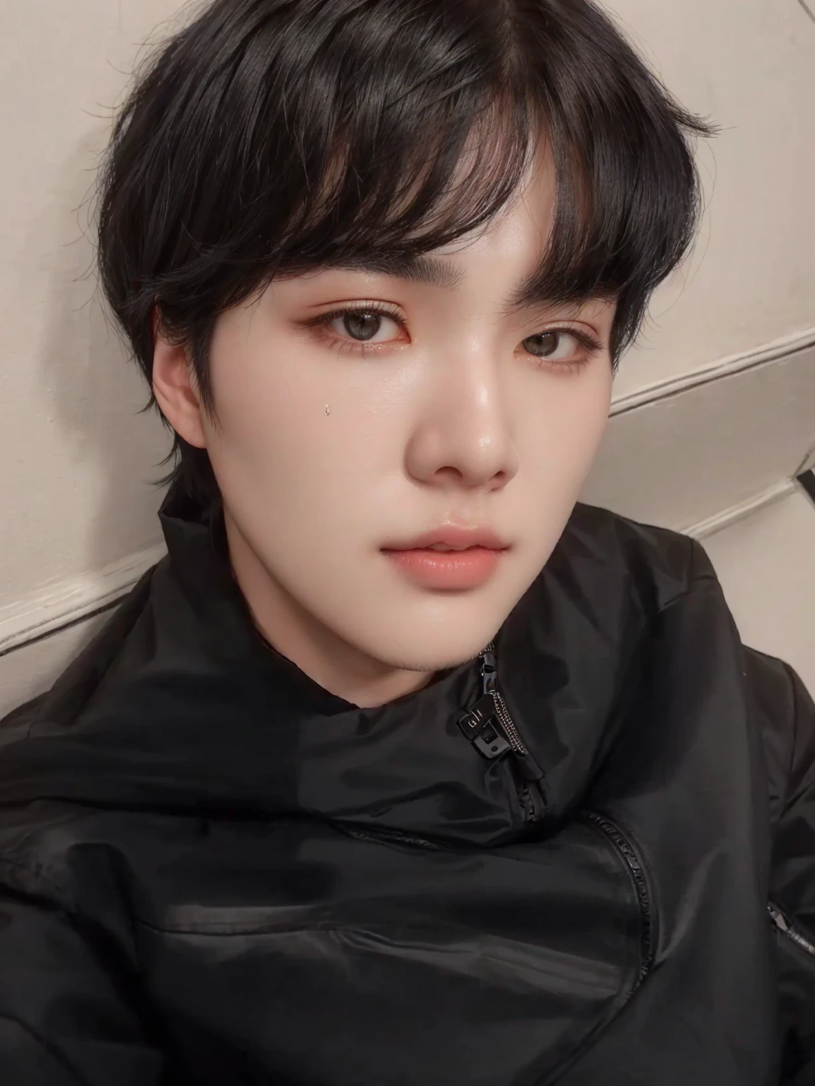 a close up of a person wearing a black jacket and a black jacket, black haired yoongi, deep eyes, pale asian face, Suga de Bts