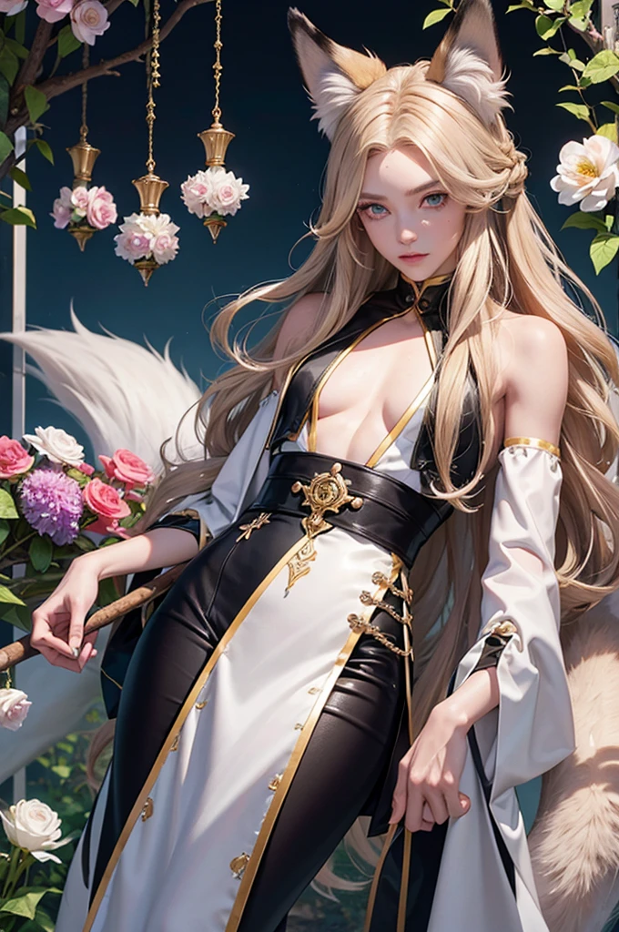 Androgynous young man, very long wavy blond hair, tight-fitting clothes, kemonomimi, fox ear, fox tail, different-colored eyes, light eyes, long eyelashes, gazing at camera, close-up portrait, man, garden, flower, one gray eye and one blue eye, bare torso, castle, red veil, flowers in hair, blond and brown hair.