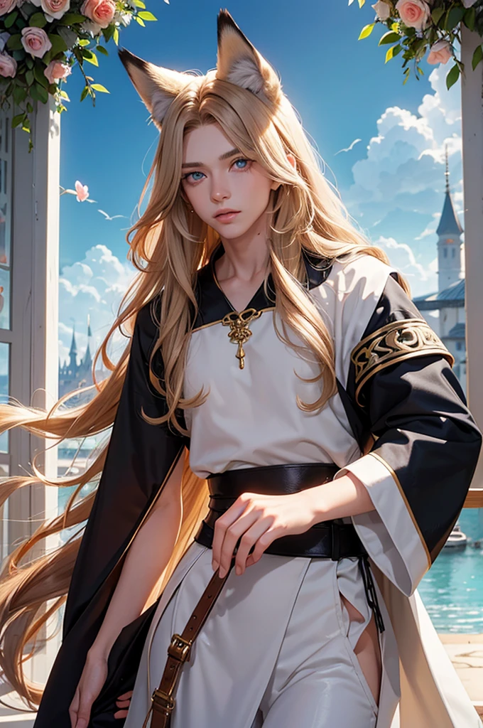 Androgynous young man, very long wavy blond hair, tight-fitting clothes, kemonomimi, fox ear, fox tail, different-colored eyes, light eyes, long eyelashes, gazing at camera, close-up portrait, man, garden, flower, one gray eye and one blue eye, bare torso, castle, red veil, flowers in hair, blond and brown hair.