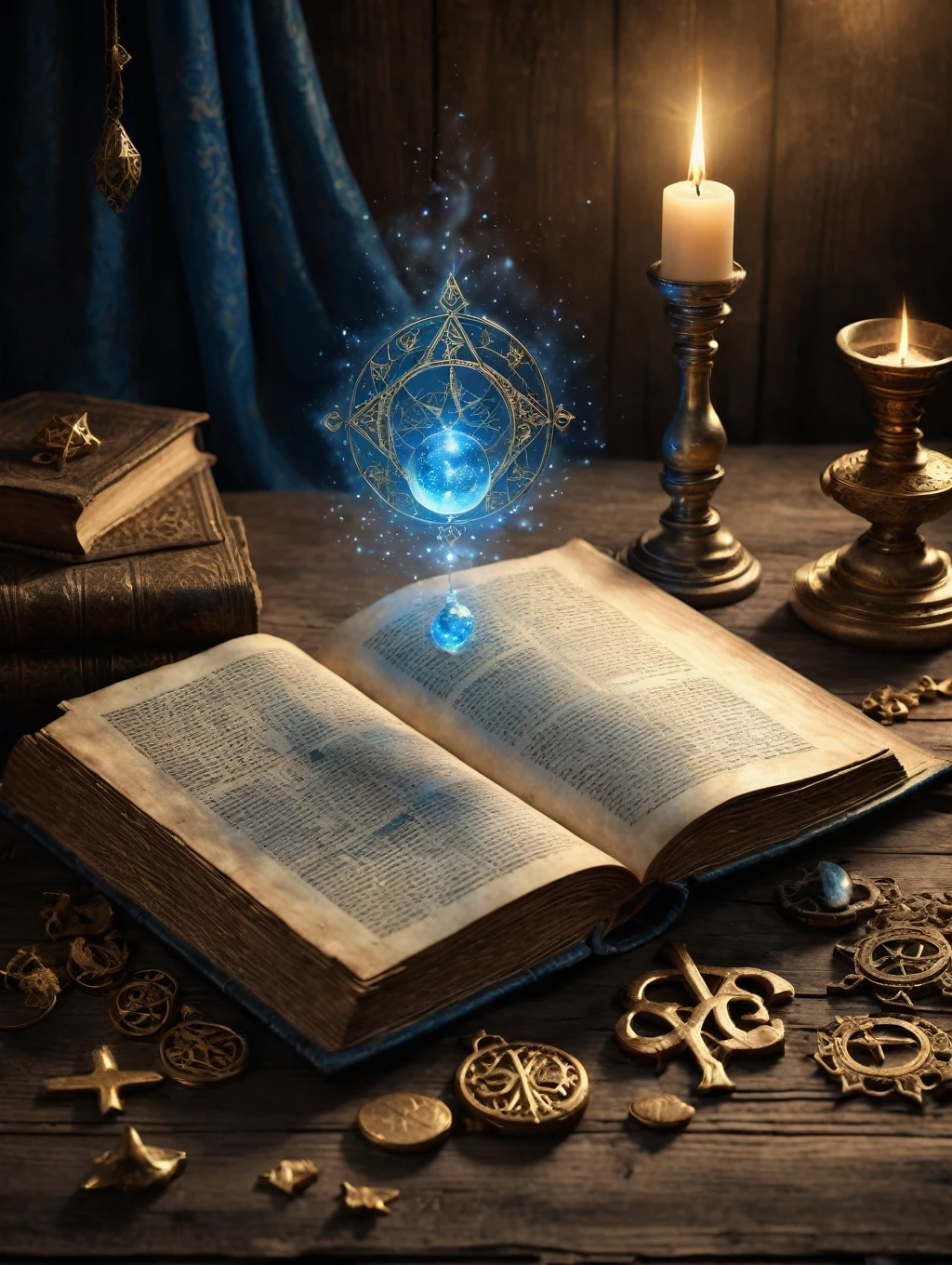 measures: Image in 1920x1080 pixels (16:9 ratio).
colors: Gold and sepia tones, with a touch of mystical blue.
scenery: An open old book on an aged wooden table, with golden alchemical symbols floating around. Soft, illuminated light focused on the book, with a dark and blurred background.
