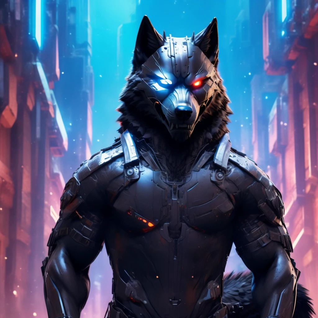 Posing, Male, 30 years old, evil grin, visor, blue glowing eyes , anthro,  wolf ears, (black fur:1.5), cyber wolf, city background, 8k, hi res, (best quality, masterpiece), (wolf tail:1.5), detailed fur, solo, looking at camera, night, black leather jacket, Blue jeans, realistic,