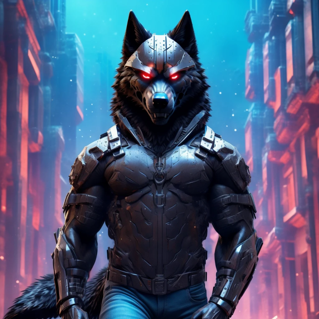 Posing, Male, 30 years old, evil grin, visor, blue glowing eyes , anthro,  wolf ears, (black fur:1.5), cyber wolf, city background, 8k, hi res, (best quality, masterpiece), (wolf tail:1.5), detailed fur, solo, looking at camera, night, black leather jacket, Blue jeans, realistic,