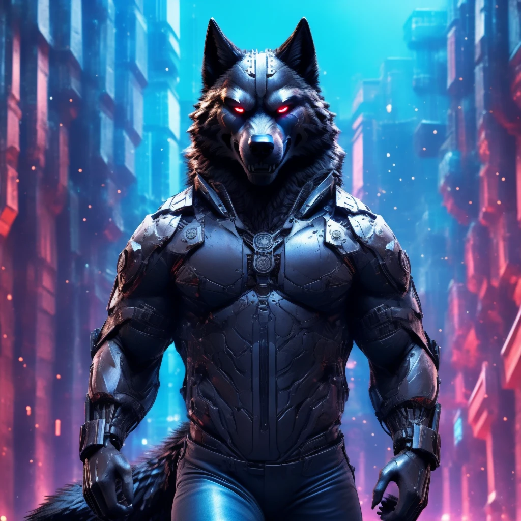 Posing, Male, 30 years old, evil grin, visor, blue glowing eyes , anthro,  wolf ears, (black fur:1.5), cyber wolf, city background, 8k, hi res, (best quality, masterpiece), (wolf tail:1.5), detailed fur, solo, looking at camera, night, black leather jacket, Blue jeans, realistic,