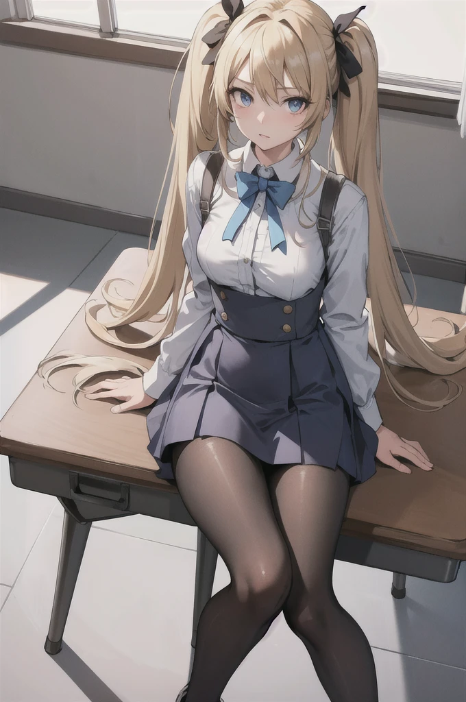 (masterpiece:1.2, best quality), 1lady, solo, , classroom, day, sit, blonde, twintails, blue eyes, very tiny miniskirt, gray pantyhose,  (open breasts:1.1),