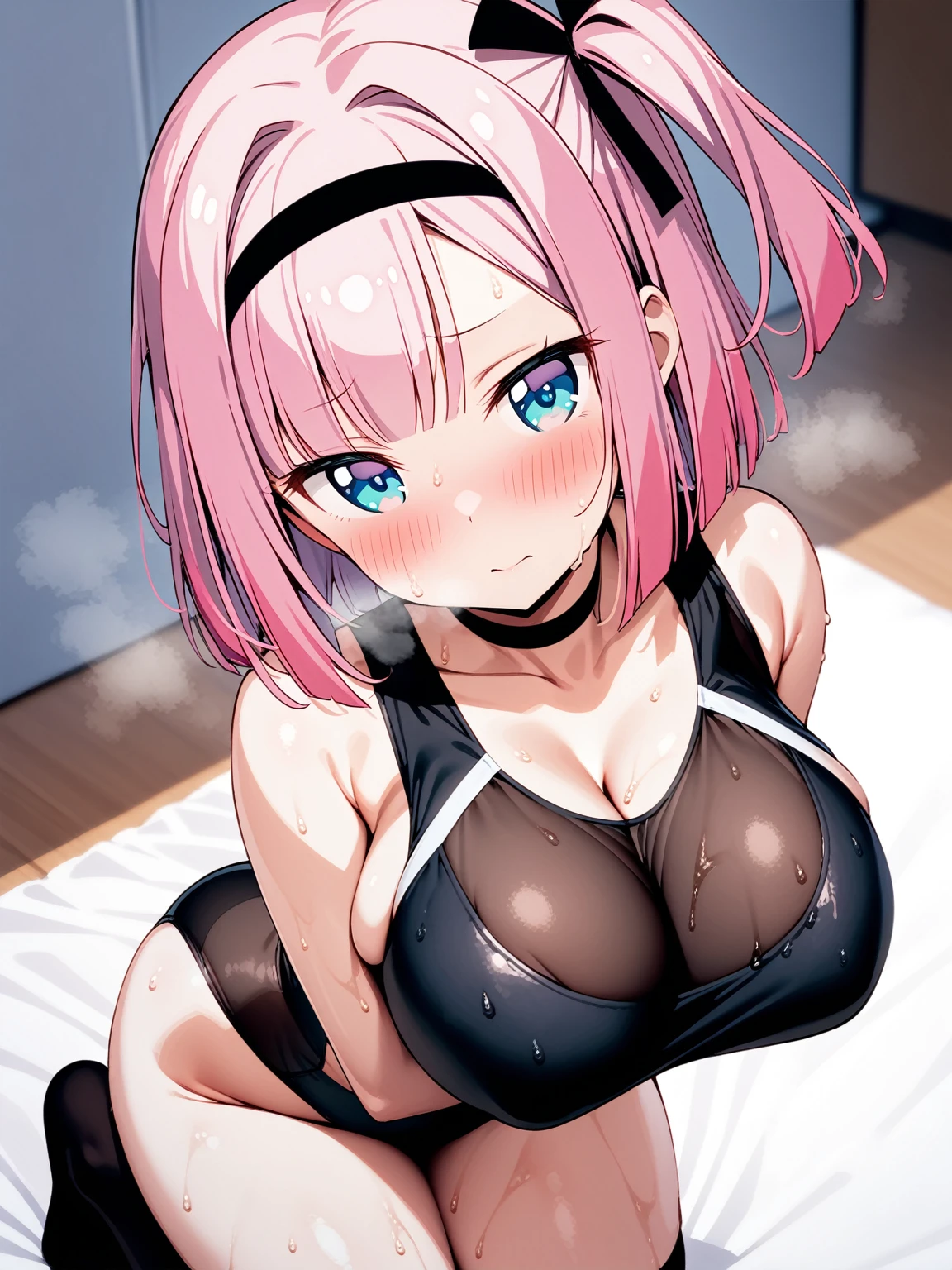 ((Mochizuki Momiji,new game!,short hair, blue eyes, ribbon, hair ribbon, pink hair, sidetail, oneside up,green eyes,hair intake, hair band)),(nsfw,),((solo girl)),((Perfect body,))((Super beautiful,))((High quality,))((Heavy breathing,sweat, Sweaty and wet all over,blush)),gigantic breast, Looking at Viewer,(cowboy shot),half open eyes,((from side view)),squatting and straddling,(Show off your crotch by opening your crotch in a crouching posture,)arms behind head,(((see-through black High leg swimsuit,black thigh-high socks,See-through black long gloves)))