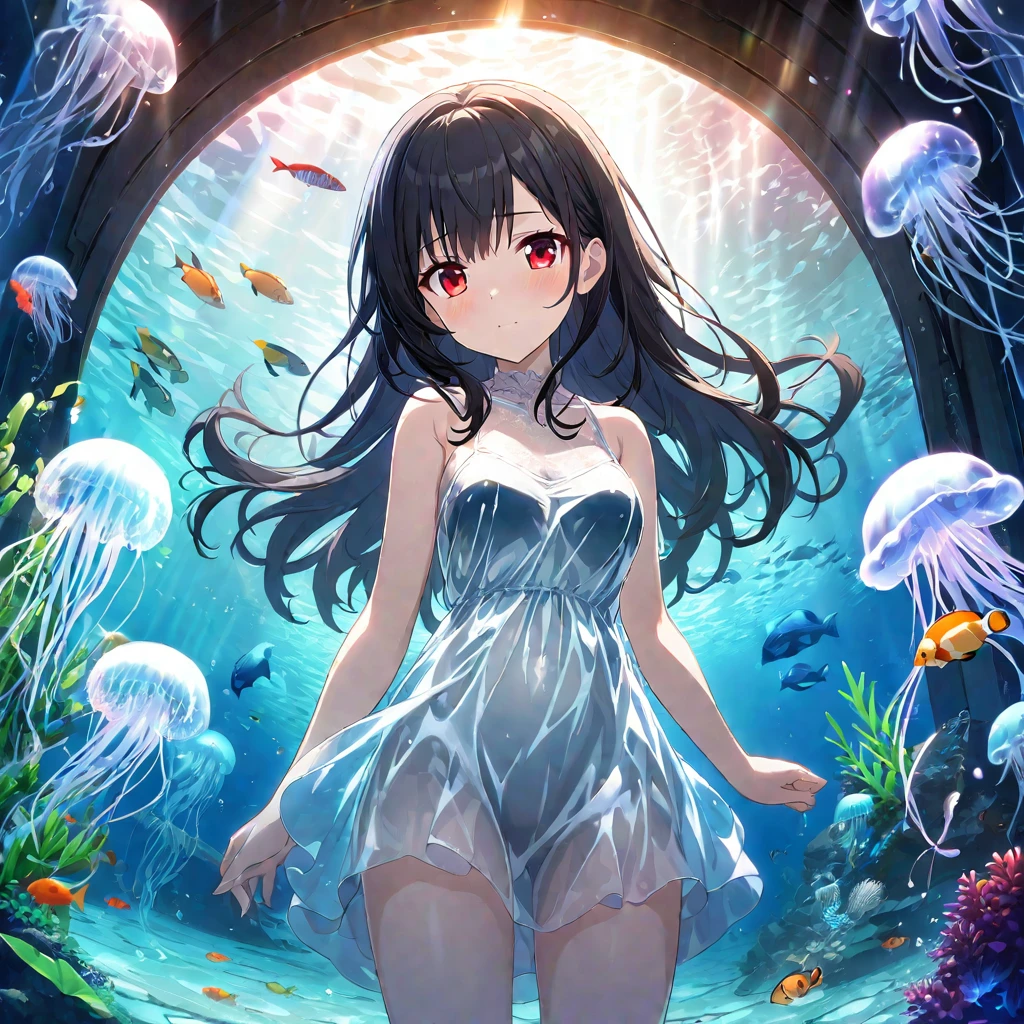 1girl、Black Hair、Red eyes、Clear skeleton body、clear plastic dress、Blue jellyfish、aquarium、deep faint light 、 detailed CG、high resolution
