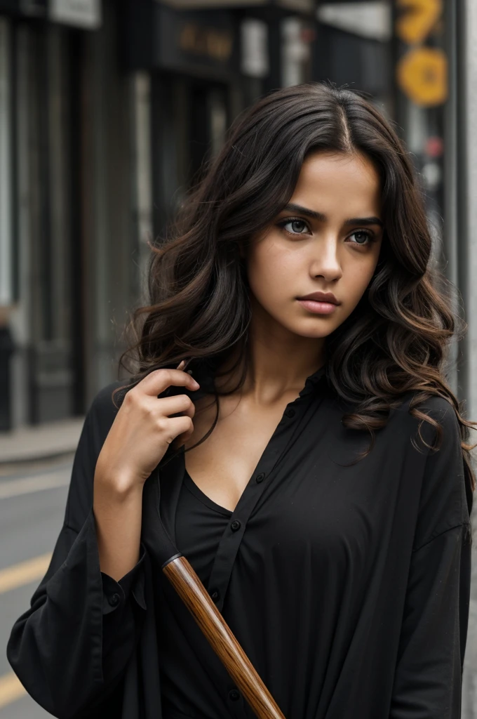 Woman in black with weapons in the middle of the street slim build, white skin and long dark brown curly hair. Honey hazel eyes, puffy, round lips with a cold expression and empty but sad eyes