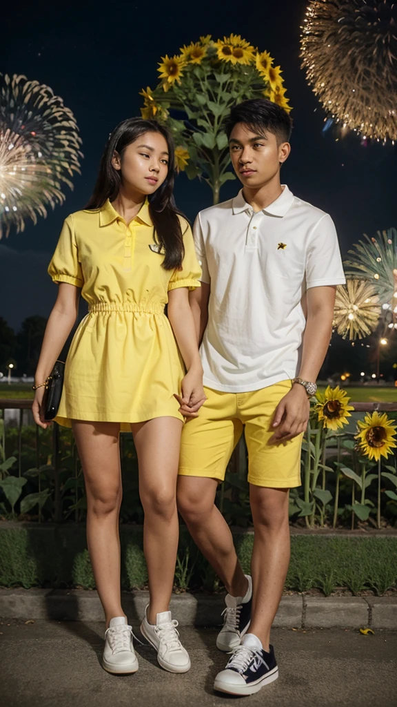 A 25 year old filipina couple wearing a yellow sunflower dress and white sneakers and the boy wearing a black polo shirt and white jeans and sneakers and holding each other.the background is nigth and koraen park and fireworks.