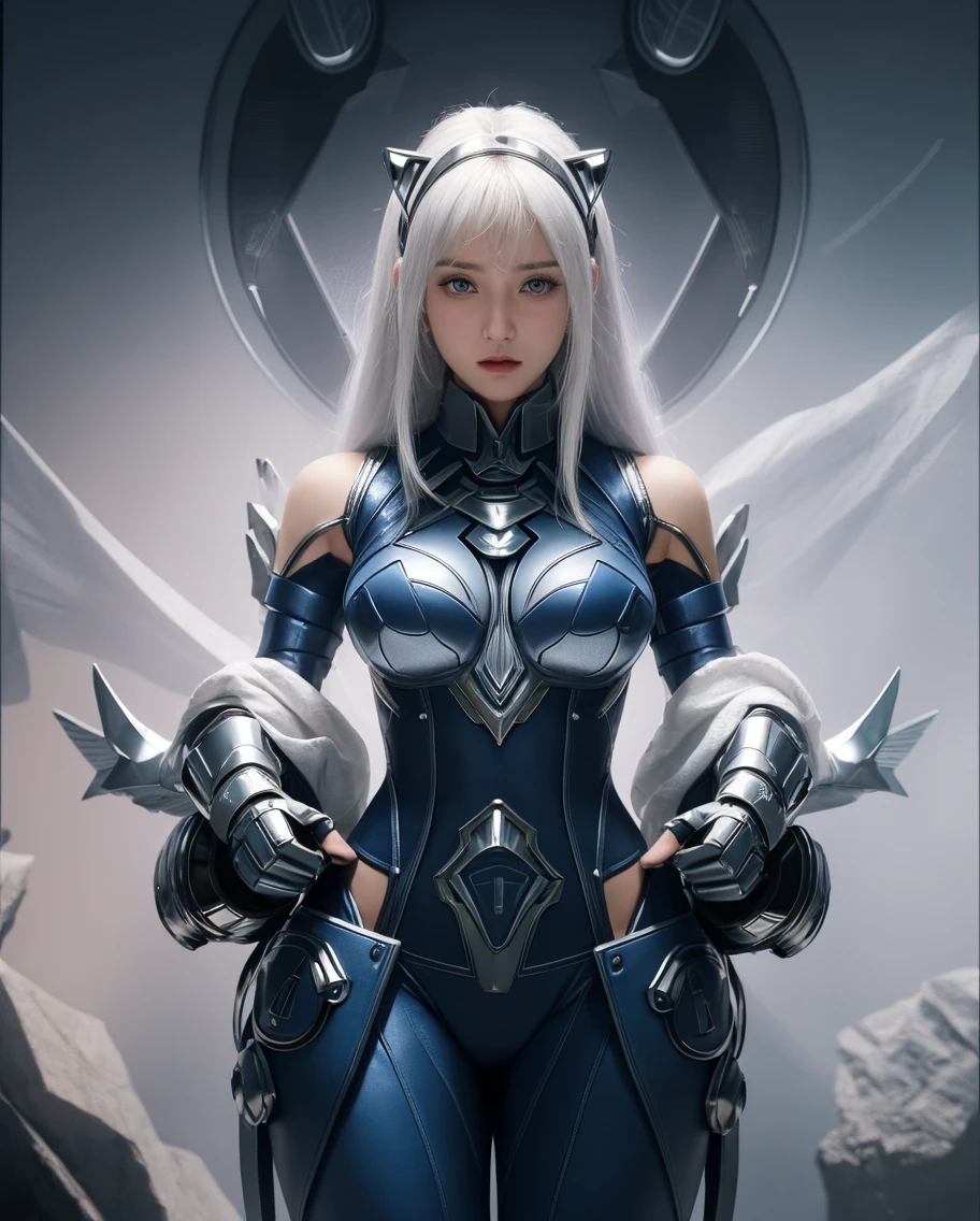 Elania Haywind，Highest image quality，Outstanding details，超高分辨率，（Fidelity：1.4）, Favor the details，closeup cleavage，The background is a scene of a cosmic celestial body，High-tech dragon knight mech，He has a delicate and beautiful face，（（Blue-white flying semi-mechanical fuselage：1.8）），high-tech weapon，Raised sexy，frontage，cyber punk perssonage，Futuristic，mechanically aesthetic，Virtual Engine 5，Perfect detail rendering，rendering by octane，hyper HD