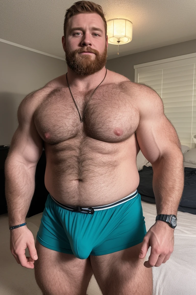 8K HDR Very Realistic Real Very Detailed High Quality 8K HDR Very Realistic 47 year old daddy rugged bodybuilder muscle bears man, 8KHDR very realistic detailed hairy, 8KHDR very realistic beared big ginger daddy muscle bear,  and 8KHDR very realistic detailed rugged burly man in boxers with bulge. 8KHDR Very Realistic legs, 8KHDR very realistic hair, 8KHDR very realistic beards, 8KHDR very realistic thick chubby fat neck, 8KHDR very realistic neck lines, 8KHDR very realistic detailed neck, 8KHDR very realistic belly, 8KHDR very realistic burly chest, 8KHDR very realistic detailed hairy burly strong chest and arms, 8KHDR very realistic detailed hairy burly strong chest and arms, 8KHDR very realistic pecs, 8KHDR very realistic burly muscle bear body, 8KHDR very realistic nipples, 8KHDR very realistic burly muscle bear body, 8KHDR very realistic face, 8KHDR very realistic detailed face, 8KHDR very realistic eyes, 8KHDR very realistic detailed eyes, 8KHDR very realistic pupils, 8KHDR very realistic detailed pupils, 8KHDR very realistic head, 8KHDR very realistic waist, 8KHDR very realistic facial features, 8KHDR very realistic burly arms, 8KHDR very realistic elbows, 8KHDR very realistic hands, 8KHDR very realistic pecs, 8KHDR very realistic belly, 8KHDR very realistic human man body, 8K HDR very realistic bellybutton, 8KHDR very realistic wrists, 8KHDR very realistic fingers, 8KHDR very realistic fingernails, 8KHDR very realistic shoulders, 8KHDR very realistic mouth, 8KHDR very realistic lips, 8KHDR very realistic mens clothing, 8KHDR very realistic detailed mens clothing. 8KHDR Very Realistic Hairy Bearded Burly Muscle bear Photoshoot, 8KHDR A very realistic burly muscle bear man in a bedroom,  8KHDR Very Realistic Intricately Detailed, 8KHDR very realistic detailed bedroom surroundings, 8KHDR very realistic surroundings lighting, No Deformities, captured with a 85mm lens, 8K HDR Very Realistic, 8K HDR Clear HDR Quality full with very realistic real details 