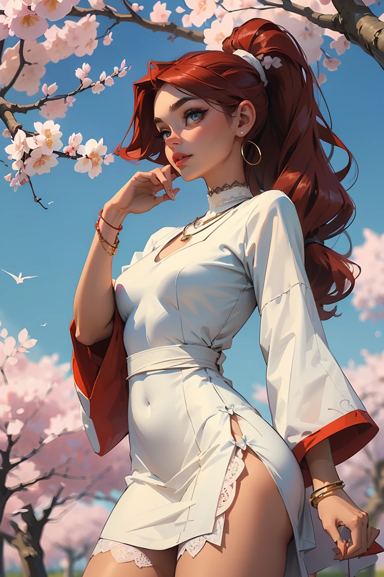 Goddess ((goddess-like woman)), slim, elegant silhouette, masterpiece, (close angle), best quality, cute face, (masterpiece:1,2, best quality), (real picture, intricate details), ( 1 lady, solo, medium tits, narrow waist, (long hair), a woman with long hair, red hair, long wavy red hair, high ponytail,  turquoise eyes, she has an impressive presence., bracelet, hoop earrings, jewelry, beautiful face, beautiful eyes, she looks the Looking at viewer, she is wearing earrings, necklace, many different bracelets, wearing a white, tight mini lace dress, black ankle boots with high heels, sweet irresistible smile, elegant pose, elegant hands, beautiful hands, perfect fingers, background: background: Park, Japanese garden Cherry trees, cherry blossoms, blue sky, upper body view,