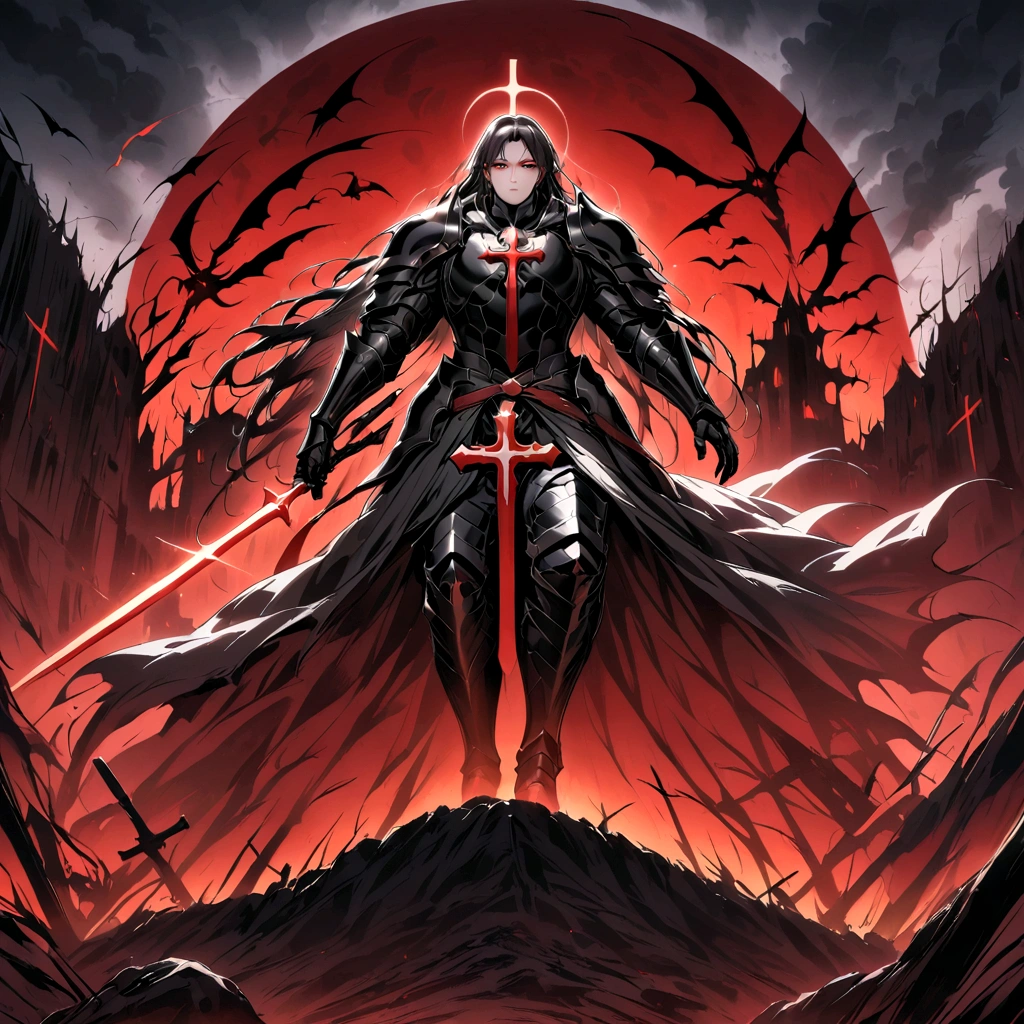 Man in armor on a horse in black armor, the character has long black hair, The character has red eyes, highlighted in red., The background consists of an apocalyptic setting, as well as a huge Christian cross..
