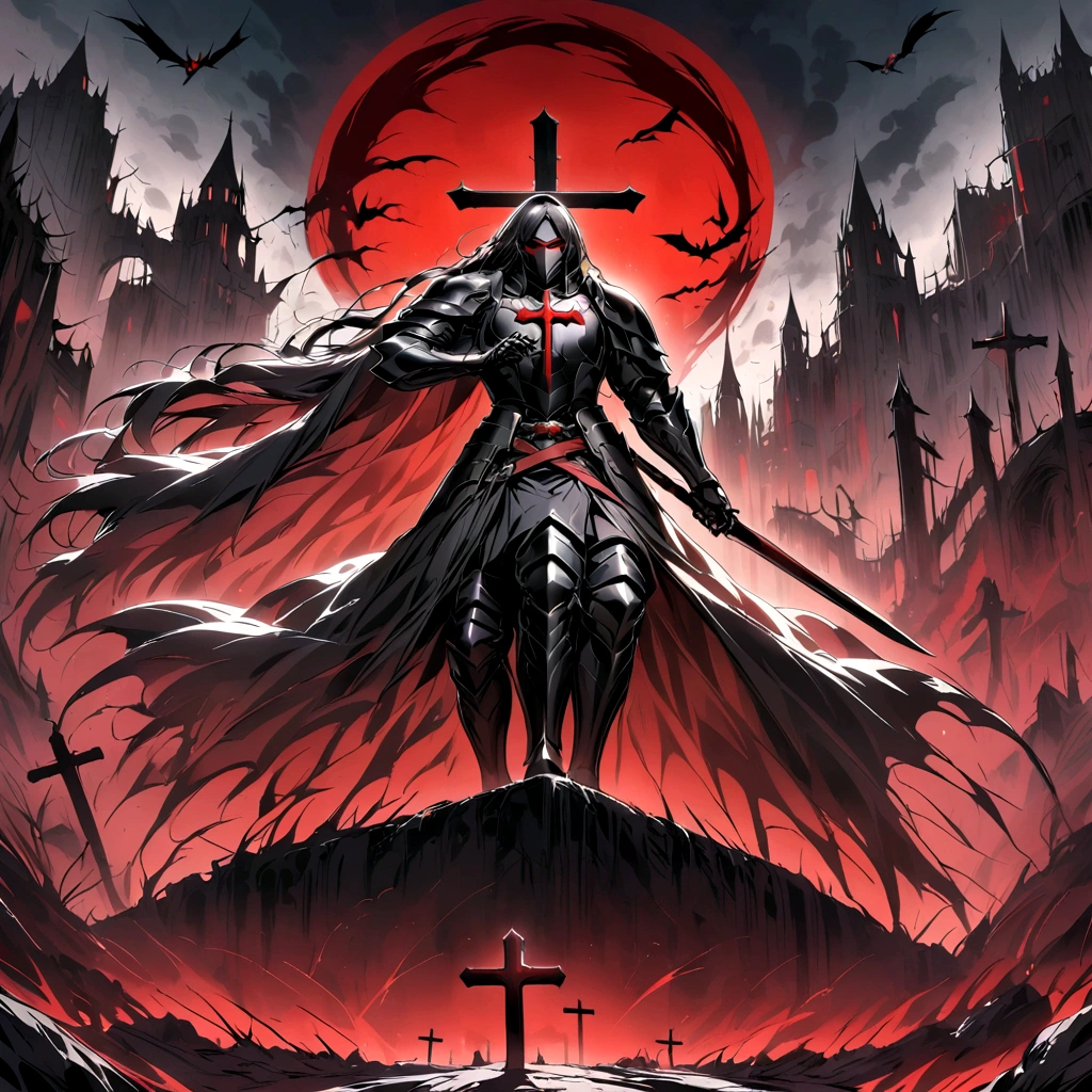 Man in armor on a horse in black armor, the character has long black hair, The character has red eyes, highlighted in red., The background consists of an apocalyptic setting, as well as a huge Christian cross..