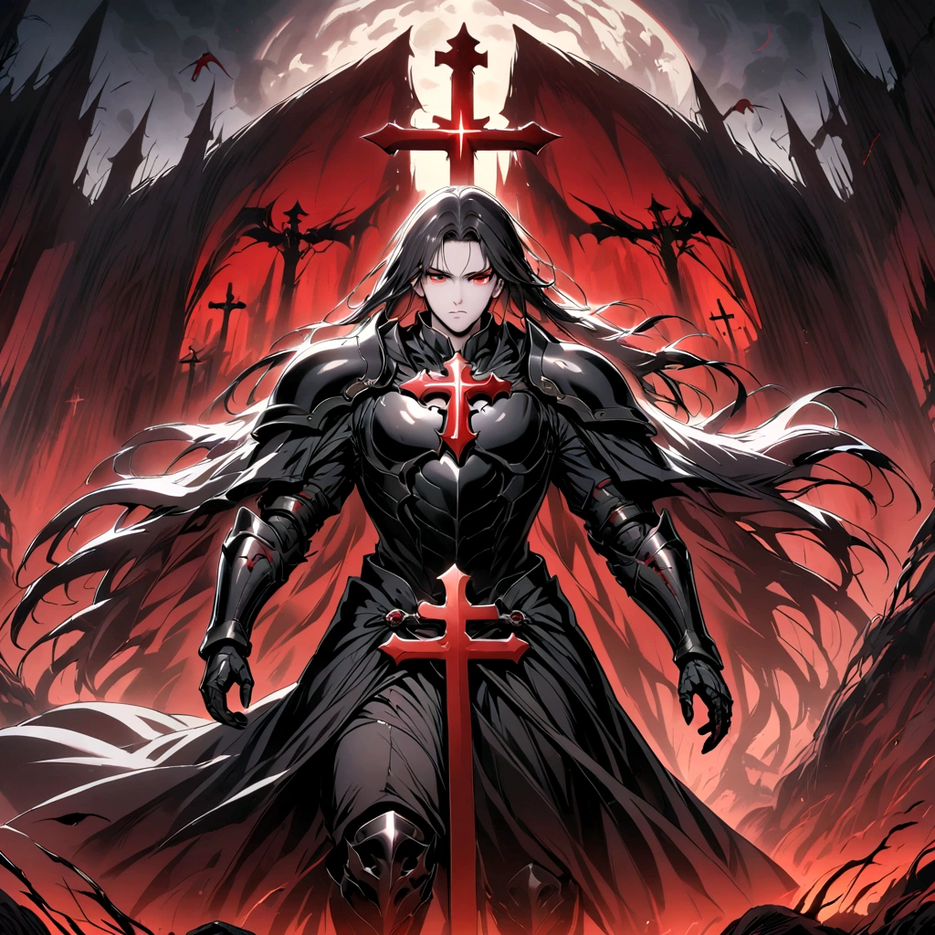 Man in armor on a horse in black armor, the character has long black hair, The character has red eyes, highlighted in red., The background consists of an apocalyptic setting, as well as a huge Christian cross..