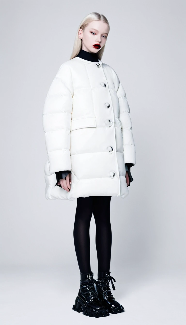 fashion full length photo, girl balenciaga mode, with lips apart, ultra white pale skin, light black color, artistic photo, professional photo, perfect cinematic light, full lips, different sides photo, colorful clothing