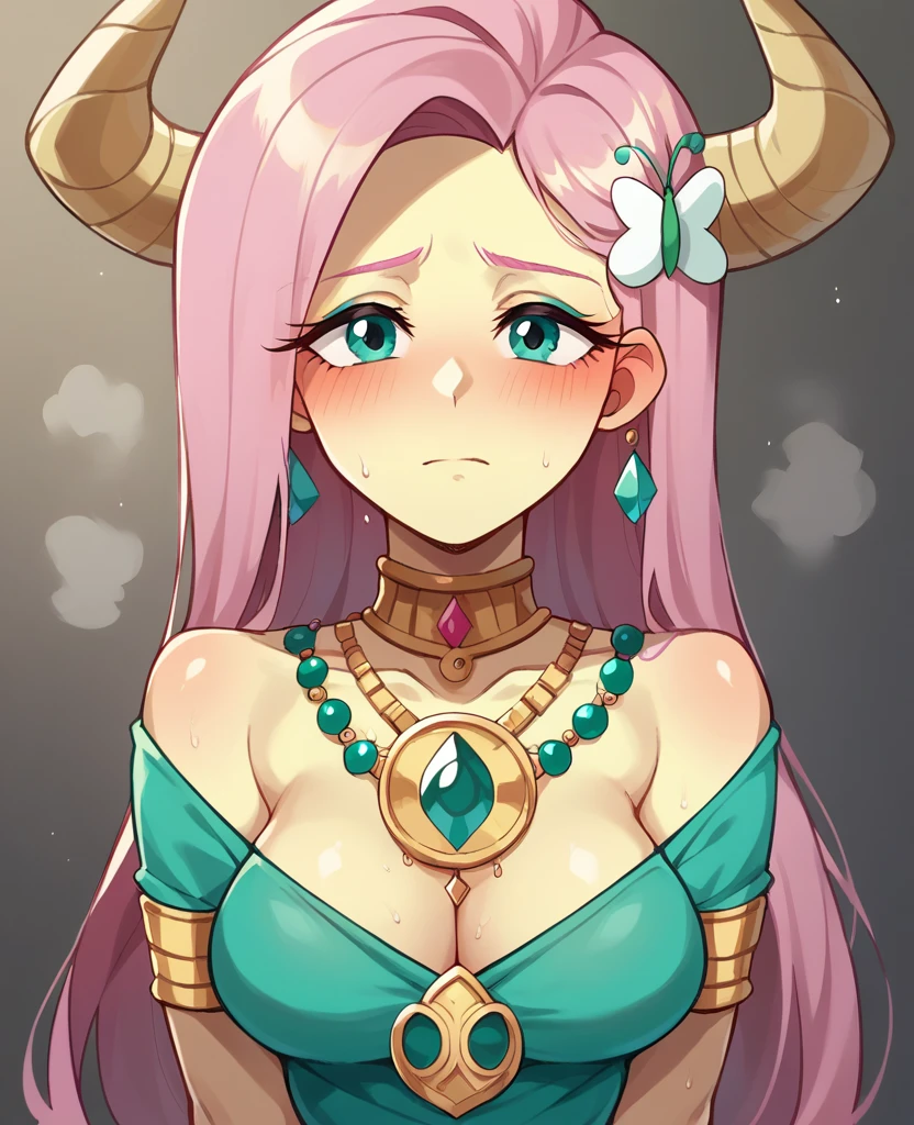 Fluttershy from Equestria Girls half-naked wearing Greek clothes with jewelry all over her body while looking at the viewer in front while having sex with a Minotaur with a face of total satisfaction