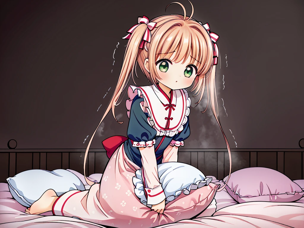 (masterpiece,best quality,best quality, masterpiece),my own, , , (适合任何Pillow背景的光影)), 穿着pajamas可爱女孩在Pillow上摆姿势 ,pajamas,,(很多Pillow),Soft cushion,,,,很多Pillow,,,(Pillow),(A tail),,(充满细节的Pillow),(Love around the protagonist),Steam,,(Pillow),(palace),(Palace bedroom),(Pillow),柔软的Pillow,,(Classical European style bedroom ),(excited,shy person,Lack of expressiveness,),,, ((Maximum resolution)), artwork, ,,,(Interior of the palace),,(Deluxe Rococo Canopy King Bed),On a big and spacious bed,(),,,,Luxurious curtains with ornate ruffles and ribbons surround the bed,((((There are many pillows piled on the bed)))),Detail of Quilt,Detailed bed sheets,Ruffled Bed Skirt,Deep Bed,Background with depth,((详细的Pillow)), ((((大量的Pillow)))),,Shaking lines,,Flowing liquid,Violent body shaking,Violent shaking lines,详细的软Pillow,,((女孩正躺在许多柔软的Pillow上,周围有许多Pillow)),。Many small feathers fluttering、 带褶边和缎带的长裙pajamas、In a huge, Large canopy bed、Soft pink sheets and quilt、色彩鲜艳的柔软Pillow、很多带褶边的Pillow和带褶边的床裙、Soft toned bed、Ruffled curtains around the bed.。Delicate face。Background with depth,kinomoto sakura,(kinomoto sakura, 1girl, brown hair, short hair, antenna hair, , green eyes),,pillow humping, crotch rub