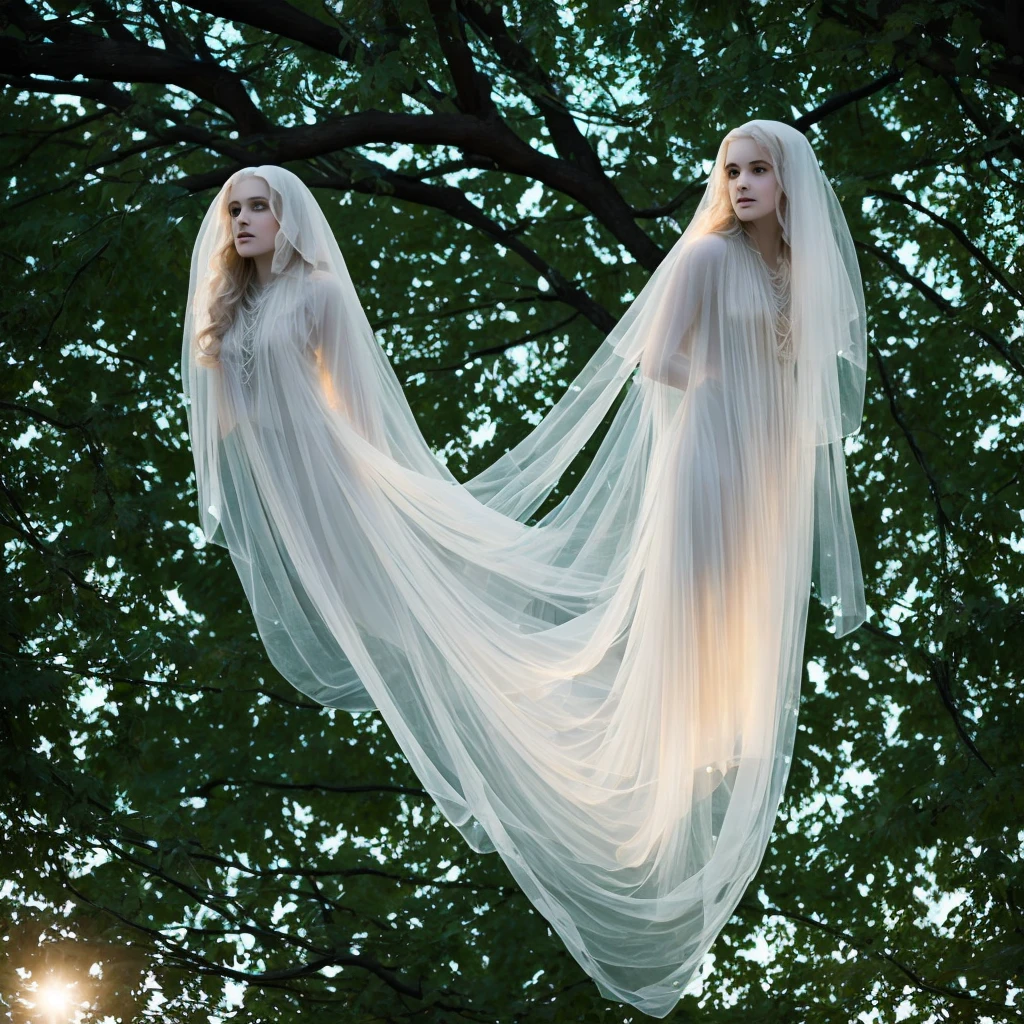 classic ghost, white translucent female, entangled in tree branches, twilight