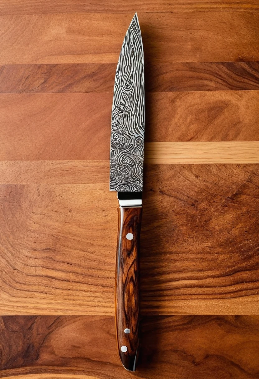Create a photorealistic image of a high-end chef's knife. The knife should have the following characteristics:
Blade:
8-inch length
VG-10 steel core
Visible 33-layer Damascus pattern with a wavy, rippled texture
Polished, mirror-like finish
Razor-sharp, hand-finished edge
Handle:
Made of resin-infused wood
Rich, warm brown color with visible wood grain
Ergonomic shape that flows smoothly into the blade
Subtle shimmer from the resin infusion
Overall Design:
Classic chef's knife profile with a slight curve to the blade
Full tang construction visible at the handle's end
Balanced appearance, with the handle and blade in harmonious proportion
Additional Elements:
Include a high-quality leather sheath beside the knife
Sheath should be a deep brown color with elegant stitching
Subtle branding or logo on the blade near the handle
Setting:
Place the knife on a luxurious wooden cutting board
Soft, professional lighting to highlight the Damascus pattern and handle material
Clean, minimalist background to focus attention on the knife
Atmosphere:
The image should convey a sense of craftsmanship, luxury, and precision
Aim for a mood that would appeal to serious home cooks and culinary enthusiasts
Style: Photorealistic product photography, suitable for high-end e-commerce listings