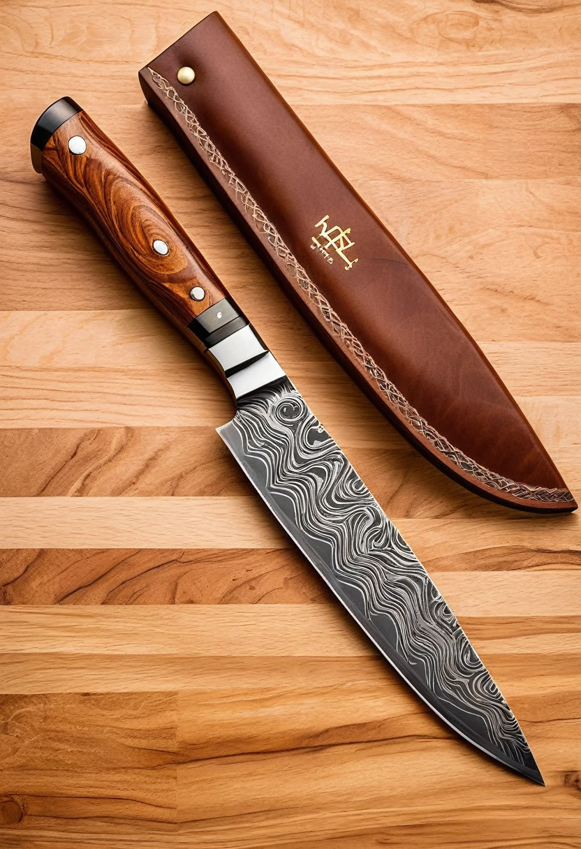 Create a photorealistic image of a high-end chef's knife. The knife should have the following characteristics:

Blade:

8-inch length
VG-10 steel core
Visible 33-layer Damascus pattern with a wavy, rippled texture
Polished, mirror-like finish
Razor-sharp, hand-finished edge


Handle:

Made of resin-infused wood
Rich, warm brown color with visible wood grain
Ergonomic shape that flows smoothly into the blade
Subtle shimmer from the resin infusion


Overall Design:

Classic chef's knife profile with a slight curve to the blade
Full tang construction visible at the handle's end
Balanced appearance, with the handle and blade in harmonious proportion


Additional Elements:

Include a high-quality leather sheath beside the knife
Sheath should be a deep brown color with elegant stitching
Subtle branding or logo on the blade near the handle


Setting:

Place the knife on a luxurious wooden cutting board
Soft, professional lighting to highlight the Damascus pattern and handle material
Clean, minimalist background to focus attention on the knife


Atmosphere:

The image should convey a sense of craftsmanship, luxury, and precision
Aim for a mood that would appeal to serious home cooks and culinary enthusiasts



Style: Photorealistic product photography, suitable for high-end e-commerce listings