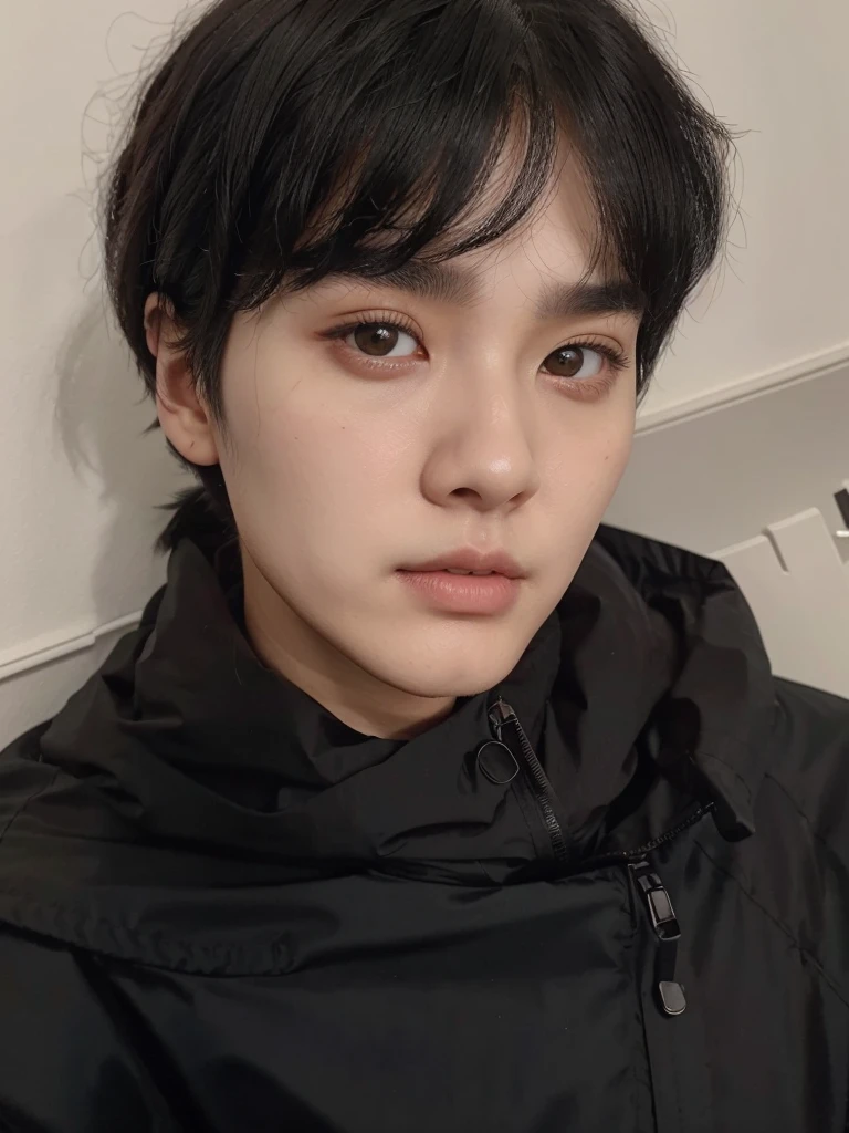 a close up of a person wearing a black jacket and a black jacket, black haired yoongi, deep eyes, asian face, fine, Pale, Suga de Bts