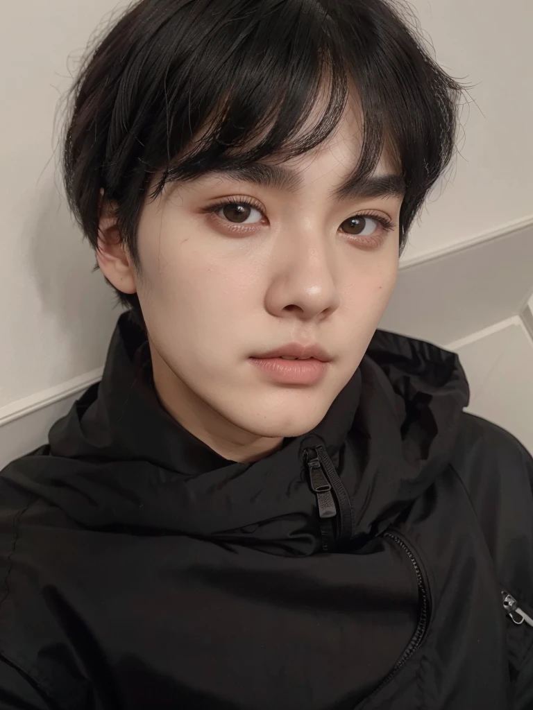 a close up of a person wearing a black jacket and a black jacket, black haired yoongi, deep eyes, asian face, fine, Pale, Suga de Bts