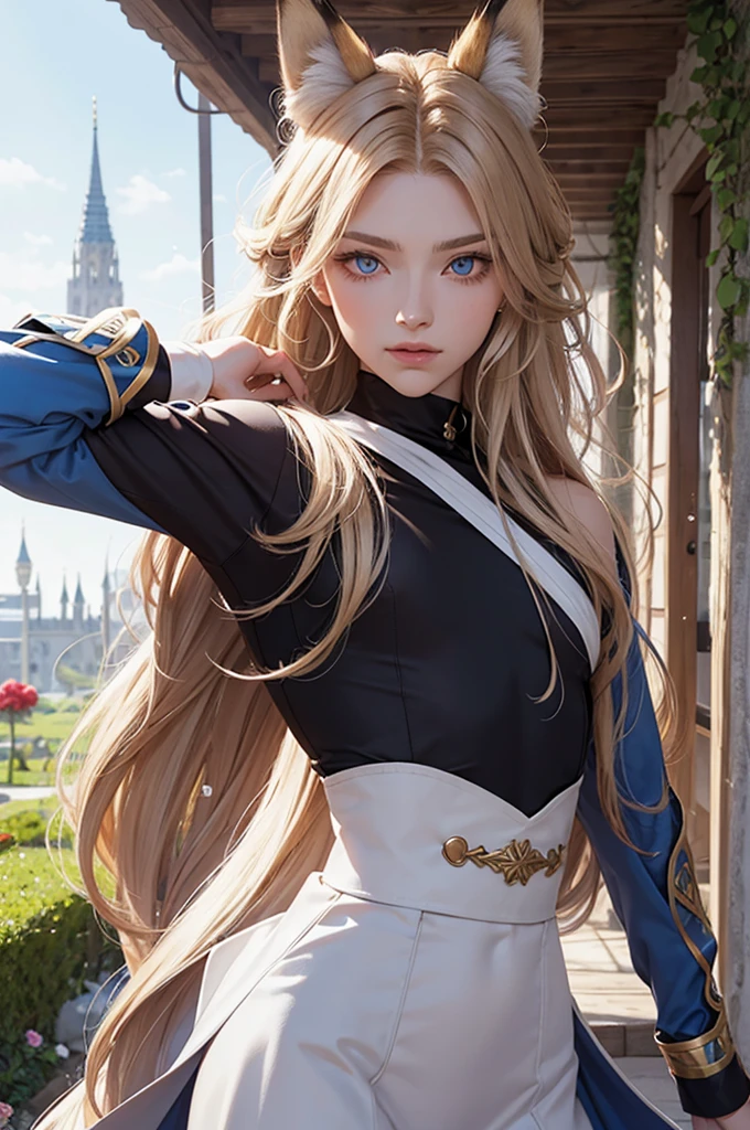 Androgynous young man, very long wavy blond hair, tight-fitting clothes, kemonomimi, fox ear, fox tail, different-colored eyes, light eyes, long eyelashes, gazing at camera, close-up portrait, man, garden, flower, one gray eye and one blue eye, bare torso, castle, red veil, flowers in hair, blond and brown hair.